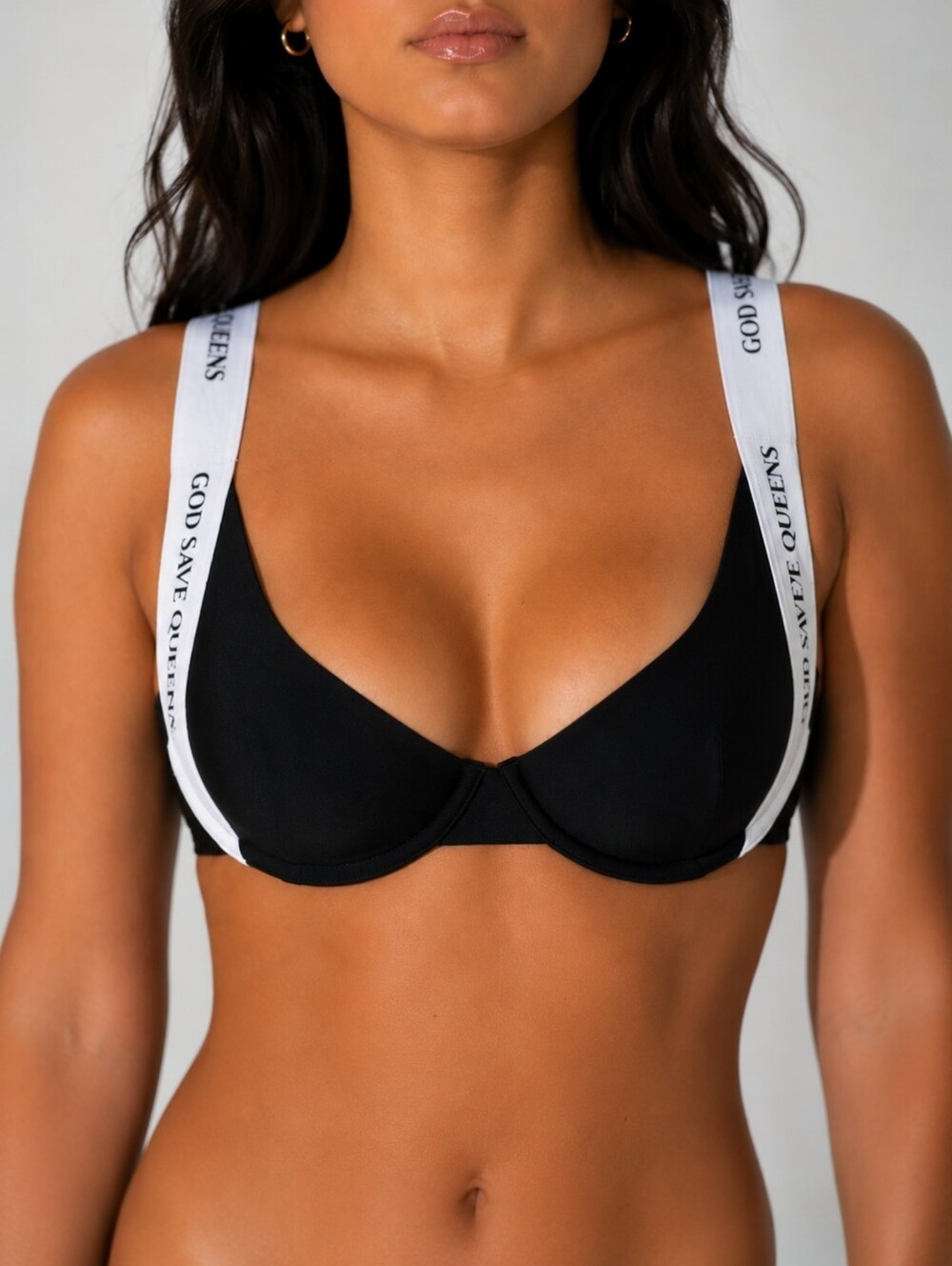 God Save Queens Carrara Bikini Top Black Logo Strap Underwire Coastal Summer L